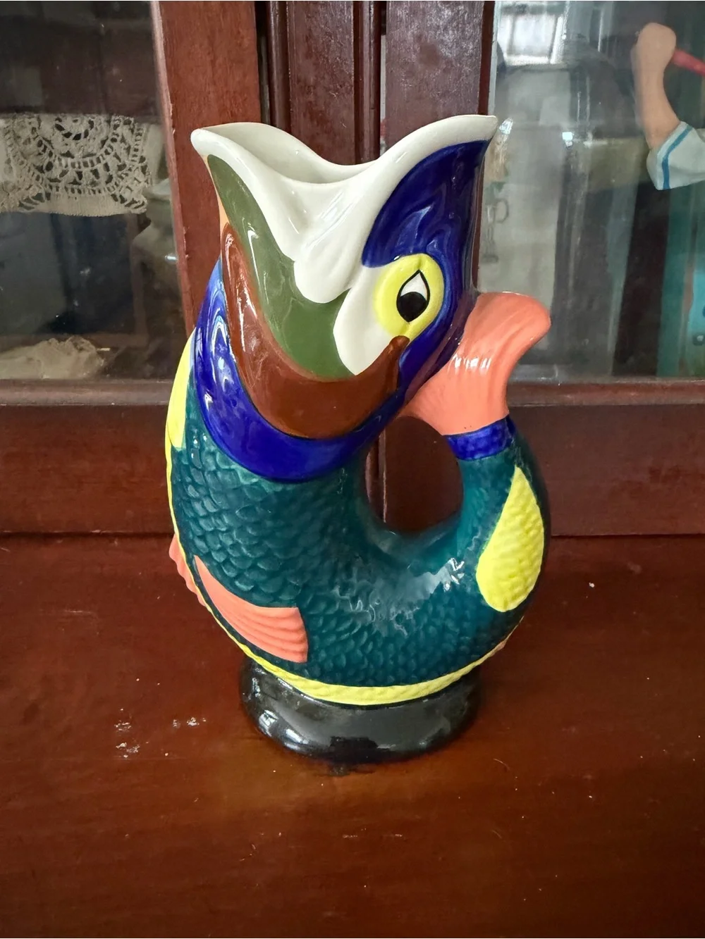 Vintage Wade Gluggle Jug Fish Pitcher Multicolor Ceramic England Gurgle Vase